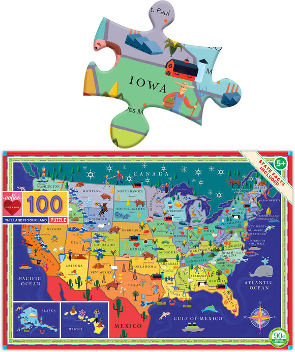 This Land is Your Land jigsaw puzzle by Eeboo features a colorful map of the United States with iconic landmarks and symbols representing each state. It includes a piece of the puzzle indicating Iowa and showcases various animals and scenes, making it educational and fun for kids and adults alike. Recommended for ages 5 and up, the puzzle consists of 100 pieces and includes state facts.