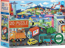 Eeboo 20 Piece Jigsaw Puzzle featuring a vibrant, illustrated scene of various vehicles in action, including trucks, boats, and helicopters, set against a colorful backdrop of buildings, mountains, and trees. The puzzle is designed for children ages 3 and up, promoting cognitive development and creativity.
