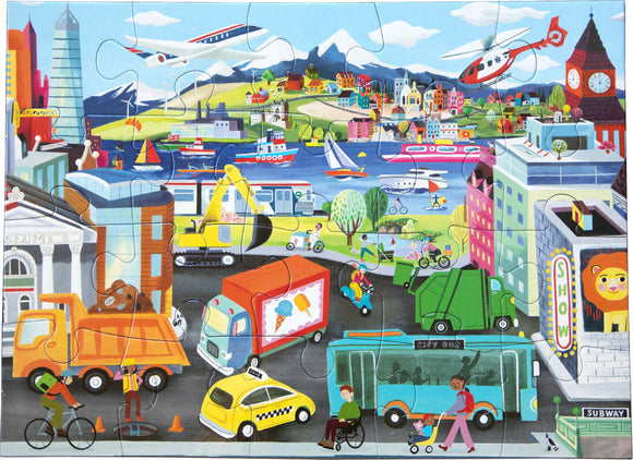 A colorful 20-piece jigsaw puzzle by Eeboo featuring a bustling scene with various vehicles including cars, trucks, boats, and an airplane, set against a lively urban and natural backdrop. The vibrant illustration showcases people interacting with their environment, making it a fun and educational activity for children.