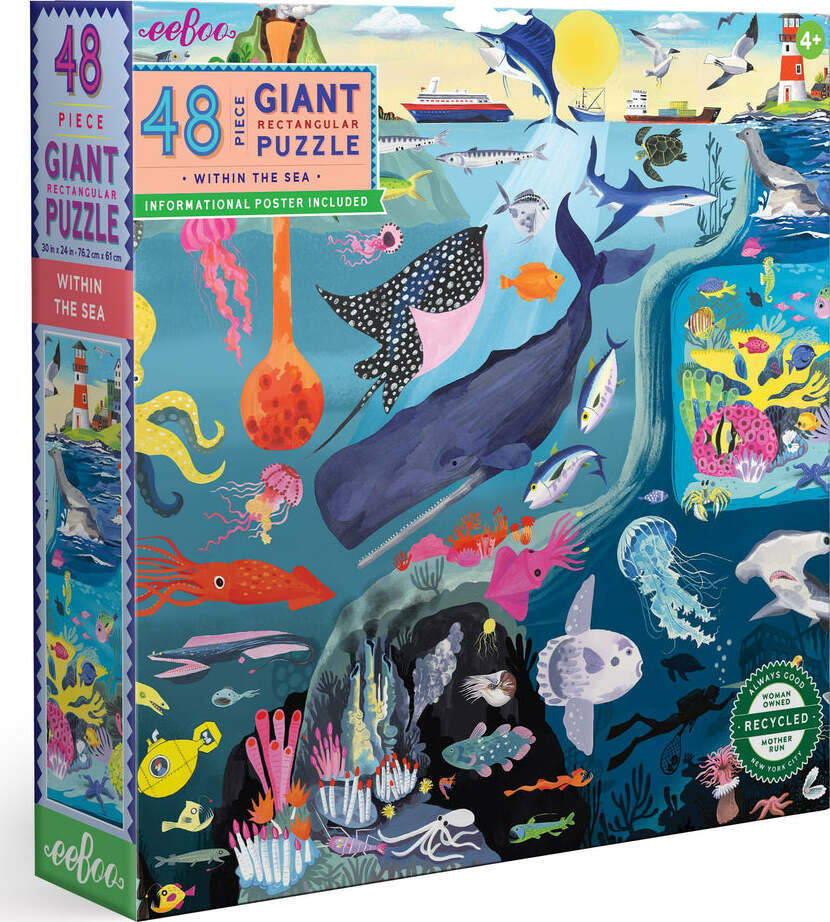 The Within the Sea 48-piece giant puzzle by Eeboo showcases a vibrant underwater scene filled with marine life including whales, sharks, colorful coral reefs, and various sea creatures. The puzzle box features a whimsical design and information on included components, highlighting its appeal to children aged 4 and above. Perfect for educational play and family fun, the puzzle emphasizes ocean conservation themes.