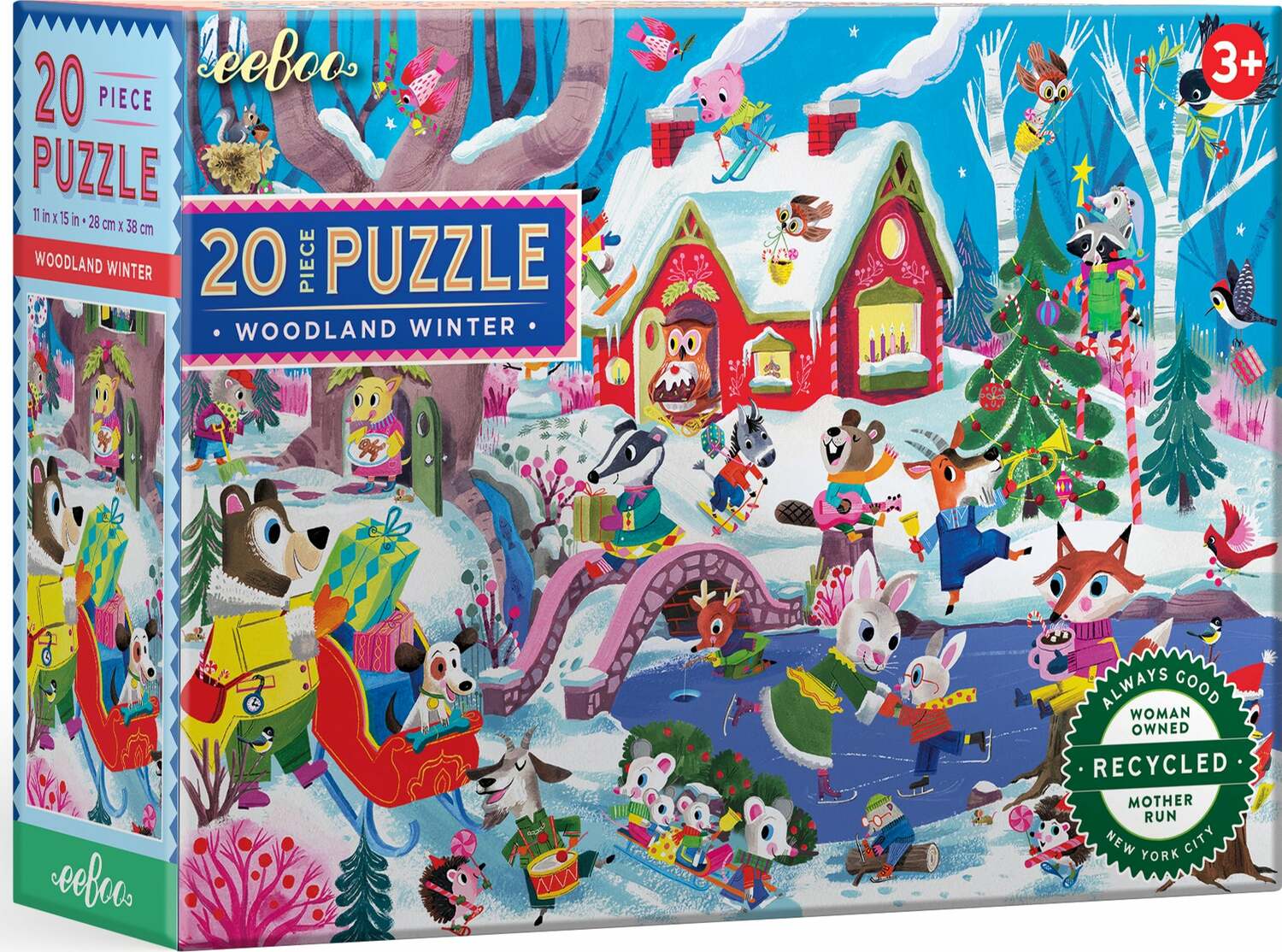 Eeboo's Woodland Winter jigsaw puzzle featuring a whimsical winter scene populated by playful woodland animals. The colorful illustration shows animals engaging in various winter activities, such as sliding down hills, playing music, and preparing for a festive celebration, set against a backdrop of snow-covered trees and a charming cottage. This 20-piece puzzle is designed for kids aged 3 and up, promoting fun and creativity during the winter season.