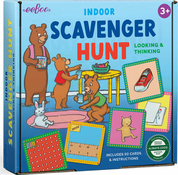 Eeboo's Scavenger Hunt Game for indoors features colorful illustrations and playful characters, including bear cartoon characters. The box includes 50 cards for looking and thinking activities, designed for children aged 3 and up. The vibrant packaging showcases images of various items to find, promoting engagement and learning.