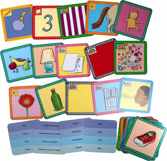 The Scavenger Hunt Game by Eeboo consists of colorful cards featuring various illustrations, including objects, animals, and activities. The cards are designed for indoor play, encouraging exploration and creativity among children as they engage in a fun scavenger hunt activity. The game fosters imaginative thinking and group interaction, perfect for family time or playdates.