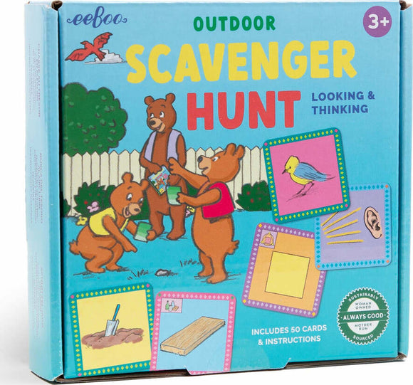 The Scavenger Hunt Game by Eeboo features a colorful box with illustrations of three bears engaging in a playful outdoor scavenger hunt. The box is bright blue and displays the words 'OUTDOOR SCAVENGER HUNT' prominently. It indicates that the game includes 50 cards and instructions, suitable for ages 3 and up. The sides of the box showcase various activities related to the scavenger hunt, like identifying birds and digging.