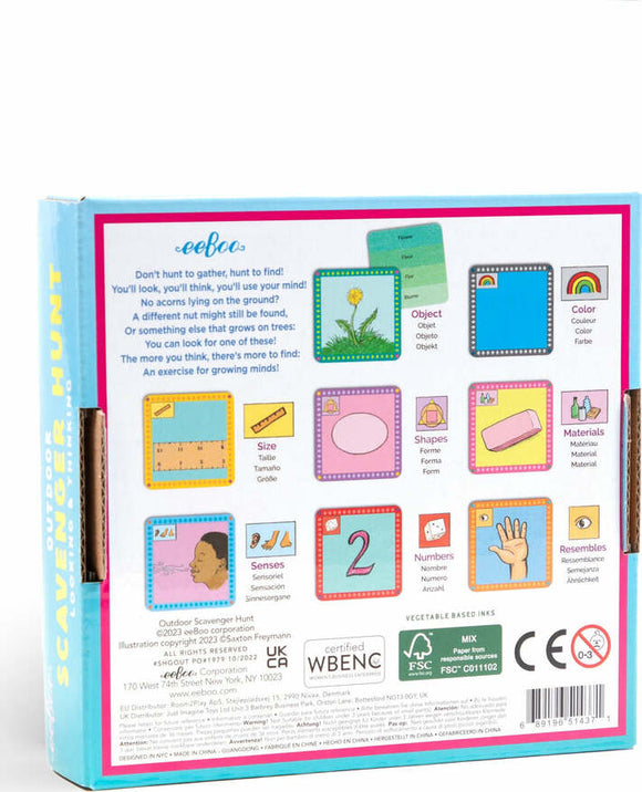 The back of the Eeboo Outdoors Scavenger Hunt Game box, showcasing game components and illustrated guides. Elements include various objects and categories like 'color', 'size', 'senses', 'shapes', and 'materials' aimed at engaging children's observational skills in nature. Brightly colored visuals promote playful learning and exploration.