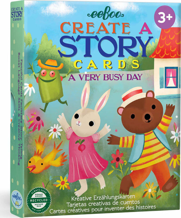 Colorful packaging of Eeboo's 'Create a Story Cards: A Very Busy Day'. Features whimsical characters like a rabbit, bear, and a green figure in a hat, alongside flowers and trees. Ideal for encouraging storytelling and creativity in children aged 3 and up.