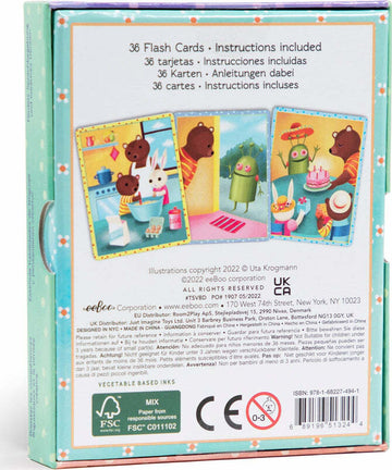 The packaging of 'A Busy Day Create a Story Cards' jigsaw puzzle by Eeboo, featuring colorful illustrations of animals and various playful scenes. The back shows instructions, flash card details, and vibrant artwork, designed to inspire creativity and storytelling in children.