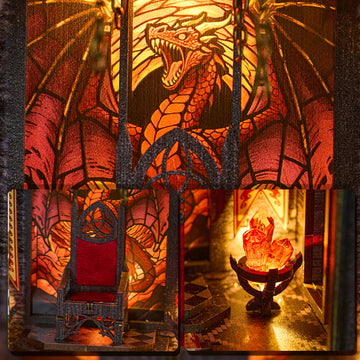 Ember Throne Close Up on Throne, Fire Brazier, Dragon Stained Glass