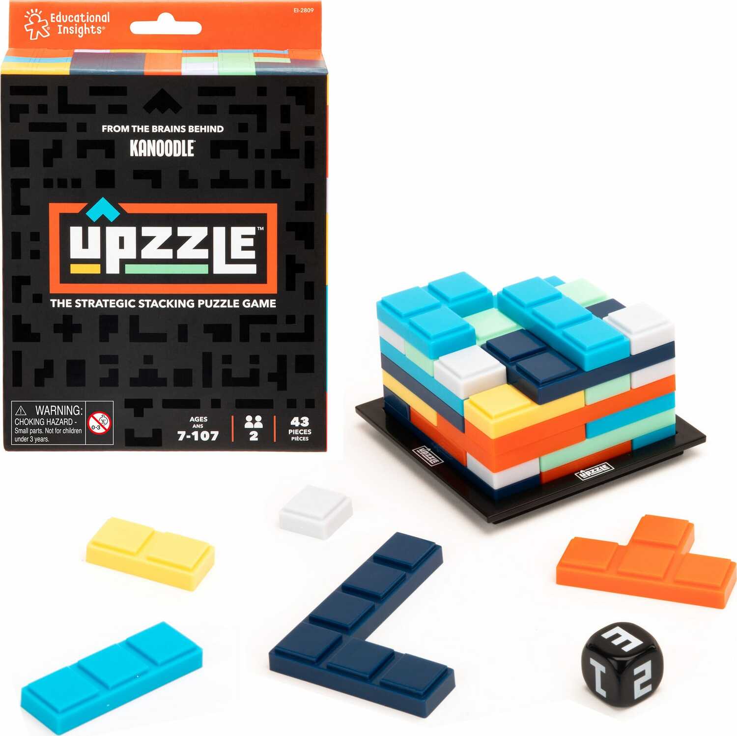 Upzzle by Educational Insights is a strategic stacking puzzle game. The packaging showcases vibrant colors and features a 3D stacked puzzle made up of 43 colorful pieces. The game is designed for 2 players aged 7 to 107. Pieces include various shapes, with a unique die included for gameplay.