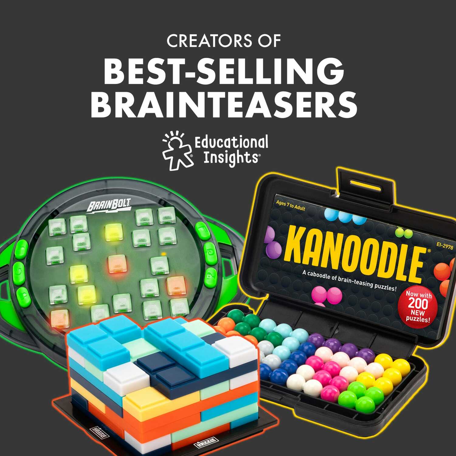 An assortment of engaging games from Educational Insights, featuring BrainBolt, a fast-paced electronic game with lights and sounds; Kanoodle, a brain-teasing puzzle kit with colorful logic puzzles; and a vibrant, stackable block puzzle. These games promote critical thinking and creativity for ages 7 and up.