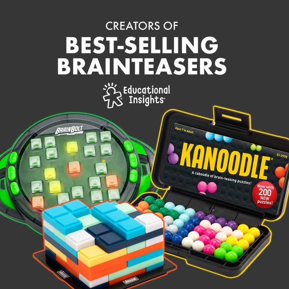An assortment of engaging games from Educational Insights, featuring BrainBolt, a fast-paced electronic game with lights and sounds; Kanoodle, a brain-teasing puzzle kit with colorful logic puzzles; and a vibrant, stackable block puzzle. These games promote critical thinking and creativity for ages 7 and up.