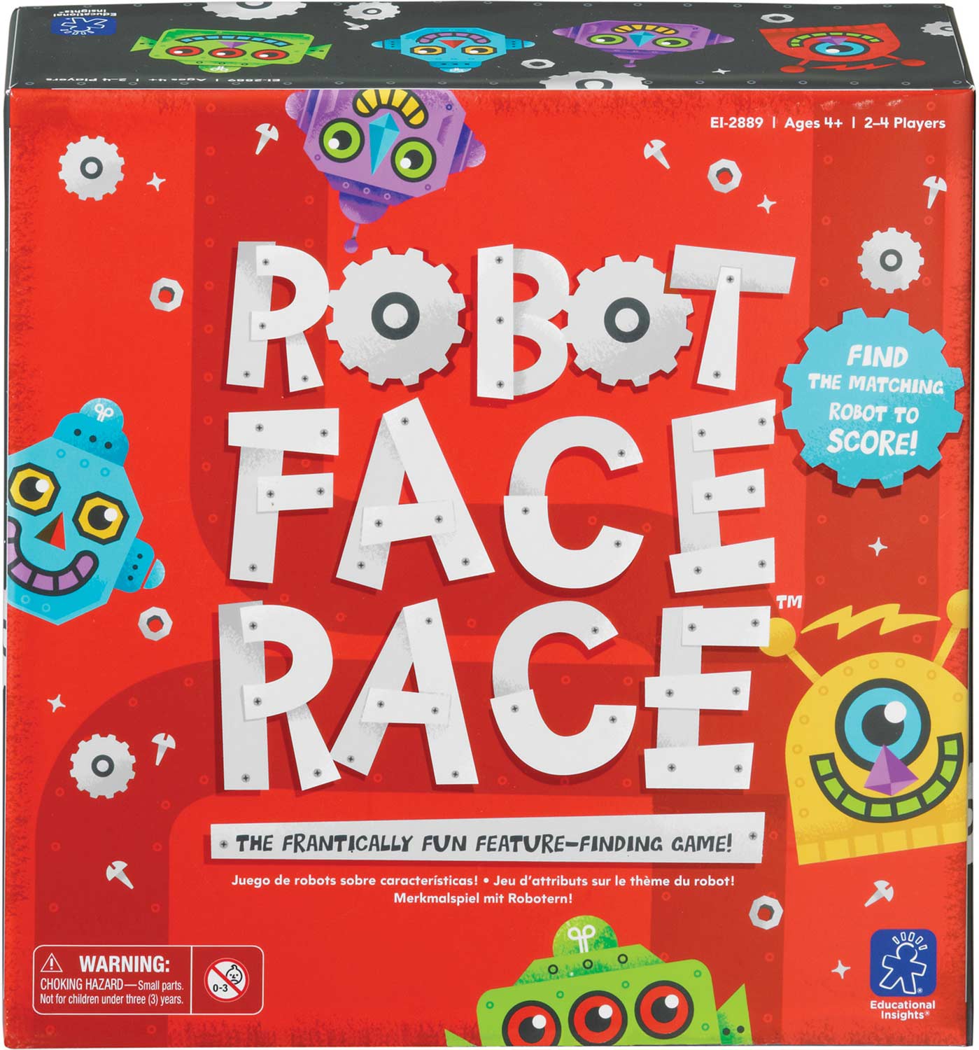 Robot Face Race by Educational Insights is a vibrant and engaging game for 2-4 players, designed for ages 4 and up. The box features colorful robot faces with playful designs and the game title prominently displayed in bold, playful letters. A circular blue badge highlights a key gameplay feature: 'Find the matching robot to score!' Ideal for fostering observation skills and quick thinking among young players.