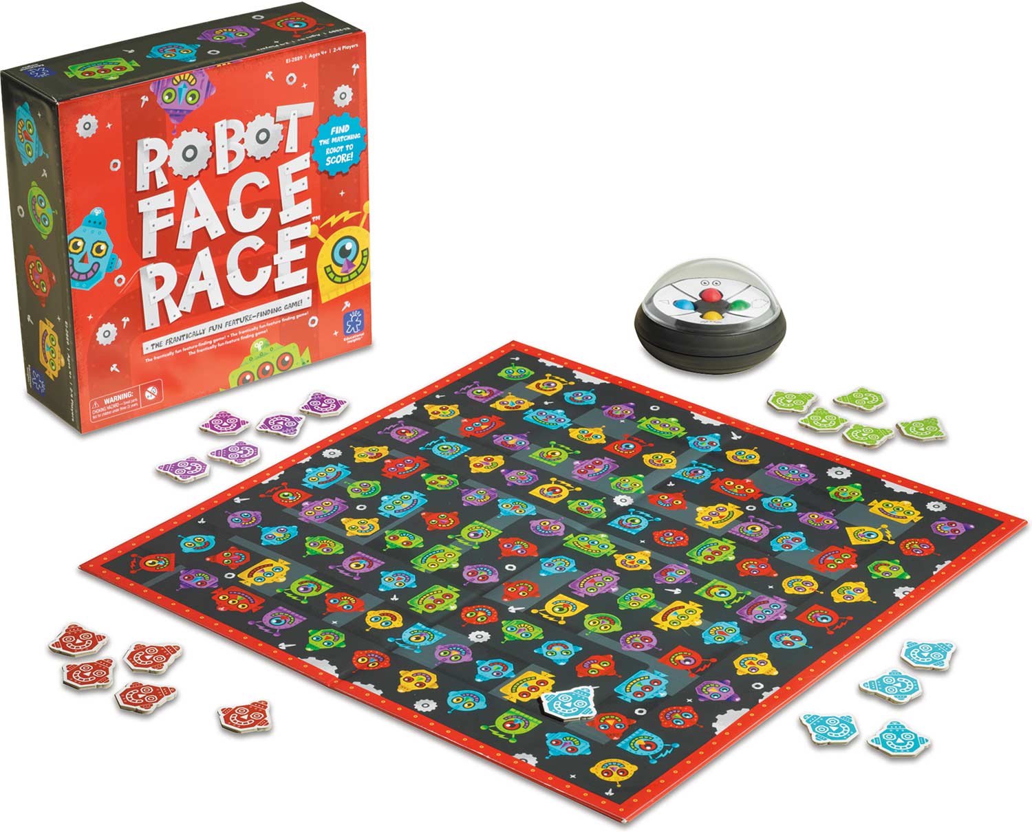 Robot Face Race game by Educational Insights, featuring a colorful game board filled with various robot face tiles and a spinner. The box is brightly designed with robot graphics and the game title prominently displayed.