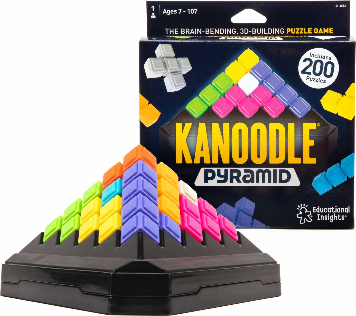 The Kanoodle Pyramid from Educational Insights features a colorful 3D building puzzle shaped like a pyramid. It includes various brightly colored pieces arranged in a challenging structure, promoting spatial reasoning and problem-solving skills. The packaging indicates that it contains 200 puzzles and is suitable for ages 7 to 107.