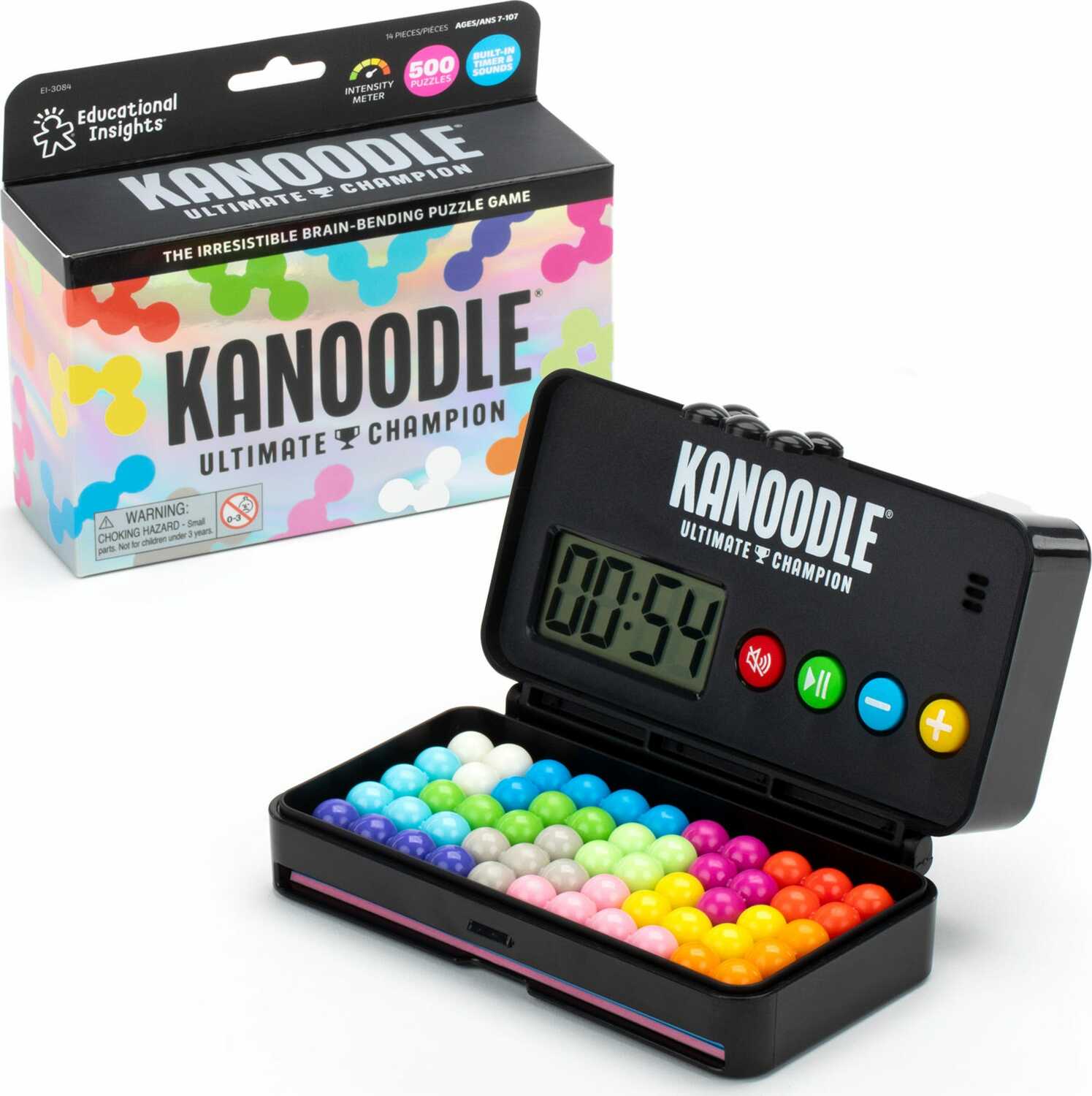 Kanoodle Ultimate Champion from Educational Insights, an engaging mechanical puzzle game featuring a variety of colorful balls, a digital timer, and challenging puzzle pieces designed to stimulate critical thinking and improve cognitive skills. The game comes in an eye-catching box with an assortment of 500 puzzles.