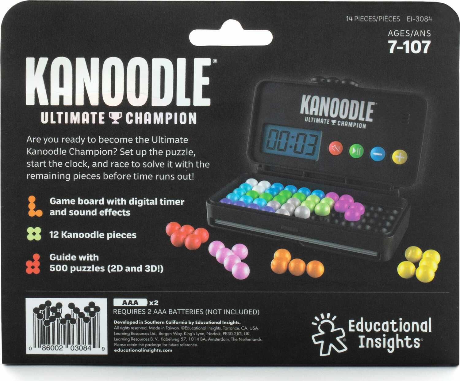 Kanoodle Ultimate Champion mechanical puzzle by Educational Insights. Features a game board with a digital timer and sound effects, includes 12 colorful Kanoodle pieces and a guide with 500 puzzles in 2D and 3D formats. Ideal for ages 7 to 107, perfect for brain-teasing fun.