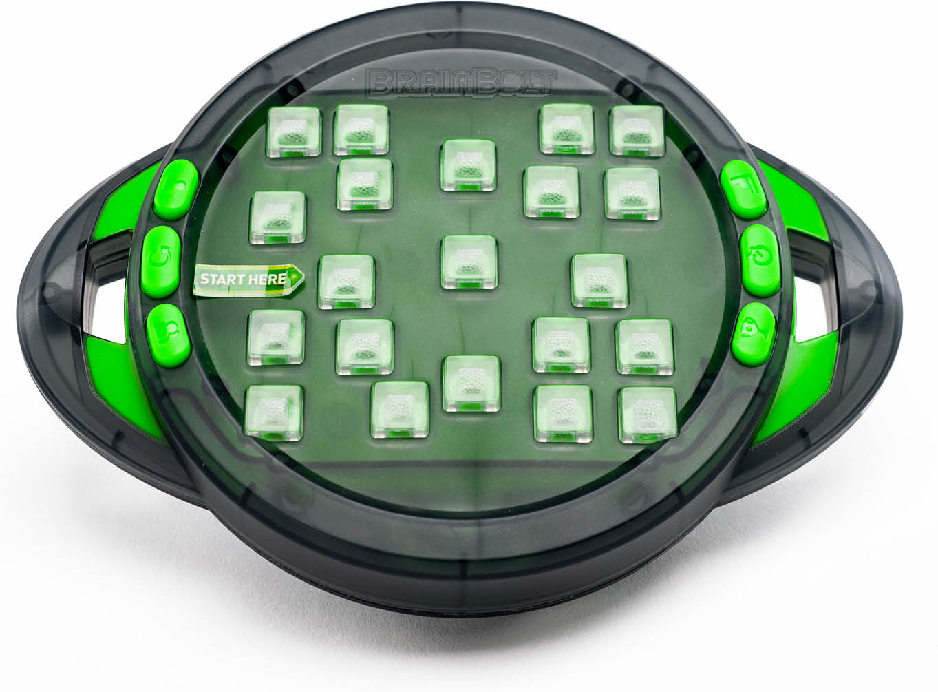 BrainBolt is a brain-challenging game by Educational Insights. It features a circular device with multiple clear buttons arranged in a grid. The top surface is dark green with a logo and buttons in bright green and black, inviting players to engage with its puzzle-solving challenges. Ideal for enhancing cognitive skills in a fun and interactive way.