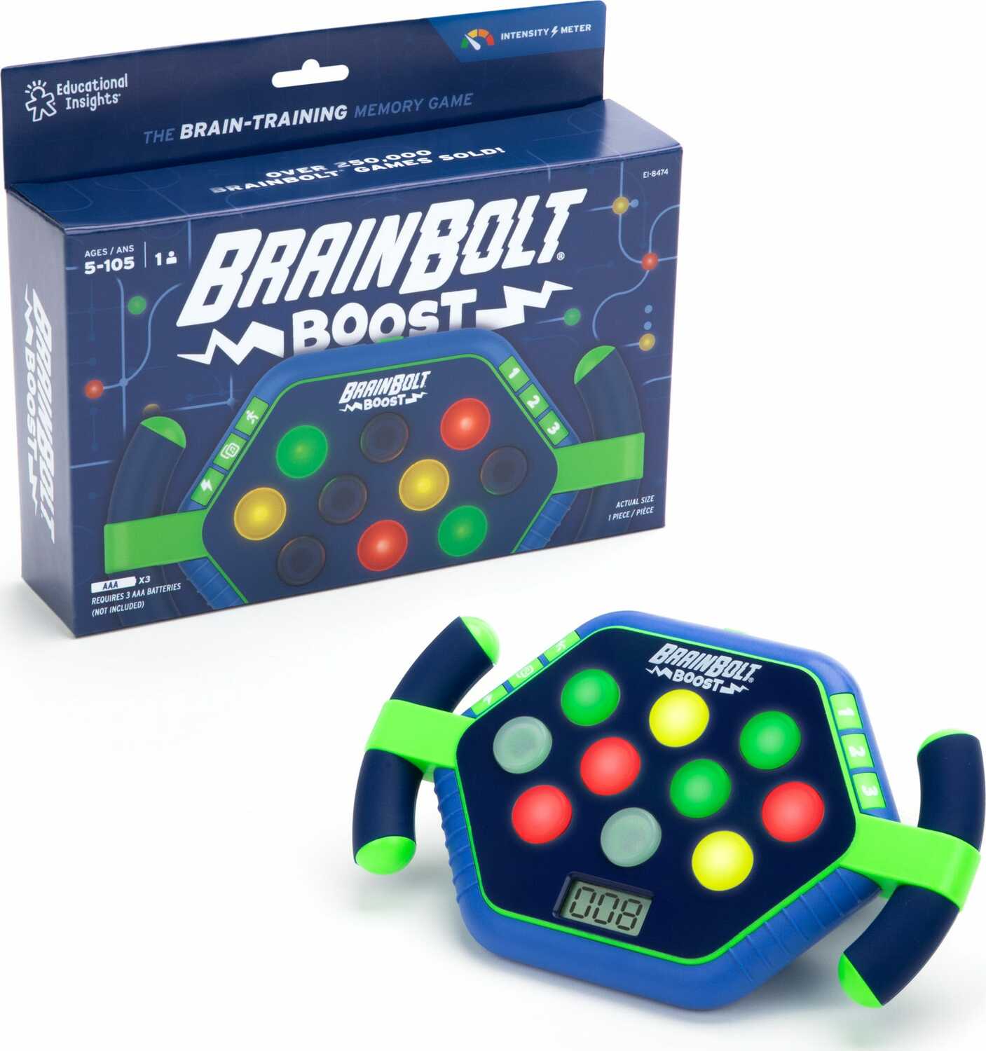 BrainBolt Boost game with vibrant buttons and a digital display. The game features bright red, green, yellow, and blue lights, designed to enhance memory and cognitive skills. It comes in a colorful box showcasing its engaging design. Perfect for ages 5 and up, it focuses on challenging memory skills through interactive play.