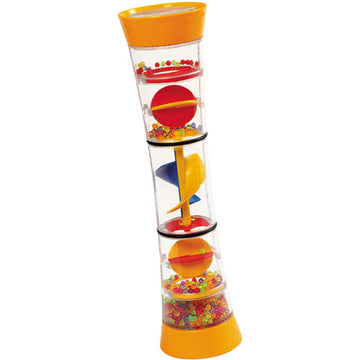 The Twirly Whirly by Halilit is a colorful sensory toy featuring a clear, cylindrical design with four stacked sections. Each section has vibrant red and yellow balls along with various shapes that swirl and spin for engaging visual exploration. Ideal for children, it enhances fine motor skills and sensory development.
