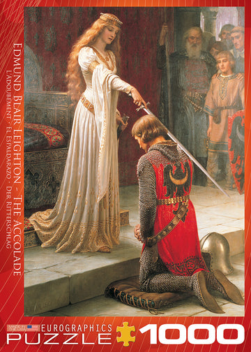 The Accolade jigsaw puzzle by Edmund Blair Leighton features a knight kneeling before a noblewoman in a grand setting. The artwork depicts a moment of knighthood, showcasing intricate details in their costumes and an ornate background. This 1000-piece puzzle promises an engaging and rewarding challenge for art lovers and puzzle enthusiasts alike.