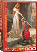The Accolade jigsaw puzzle by Eurographics featuring a classic painting by Edmund Blair Leighton. The box displays a knight kneeling before a queen in a ceremonial moment, adorned with intricate details and rich colors. This 1000-piece puzzle invites art lovers and puzzle enthusiasts to recreate this beautiful scene.
