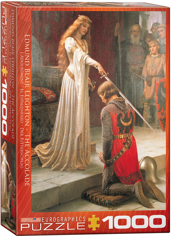 The Accolade jigsaw puzzle by Eurographics featuring a classic painting by Edmund Blair Leighton. The box displays a knight kneeling before a queen in a ceremonial moment, adorned with intricate details and rich colors. This 1000-piece puzzle invites art lovers and puzzle enthusiasts to recreate this beautiful scene.