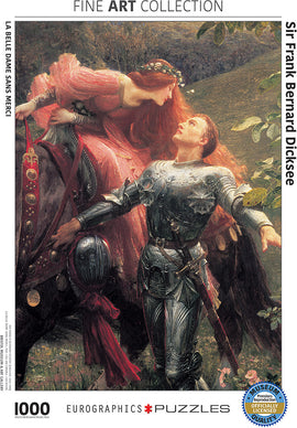 Jigsaw puzzle of 'La Belle Dame sans Merci' by Sir Frank Bernard Dicksee, showcasing a romantic scene between a knight in armor and a beautiful lady with flowing red hair, adorned with flowers, highlighting intricate details and rich colors.