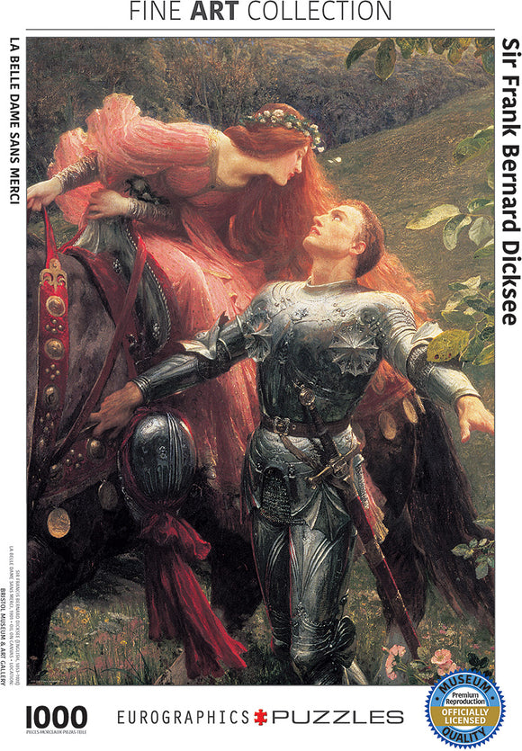 Jigsaw puzzle of 'La Belle Dame sans Merci' by Sir Frank Bernard Dicksee, showcasing a romantic scene between a knight in armor and a beautiful lady with flowing red hair, adorned with flowers, highlighting intricate details and rich colors.