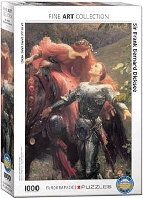 A jigsaw puzzle titled 'La Belle Dame sans Merci' by Sir Frank Bernard Dicksee, featuring a knight and a beautiful woman in a romantic scene. The puzzle box showcases the fine art piece with vibrant colors, made by Eurographics, containing 1000 pieces.