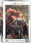 A jigsaw puzzle titled 'La Belle Dame sans Merci' by Sir Frank Bernard Dicksee, featuring a knight and a beautiful woman in a romantic scene. The puzzle box showcases the fine art piece with vibrant colors, made by Eurographics, containing 1000 pieces.