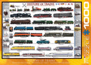 Eurographics jigsaw puzzle titled 'History of Trains' featuring a detailed timeline of various train models, including steam locomotives and modern trains. The puzzle showcases illustrations of historical trains from different countries, with informative captions and images highlighting the development of train technology through the ages.