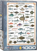 Eurographics Sea Fish Jigsaw Puzzle featuring a detailed illustration of various fish species, including descriptions and names. This 1000-piece puzzle is perfect for marine life enthusiasts and puzzle lovers alike.