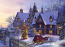 A picturesque winter scene featuring a cozy, snow-covered cottage with warm yellow lights in the windows. In front, there is a beautifully decorated Christmas tree surrounded by snow. A horse-drawn carriage is parked along a snowy pathway, adding to the festive charm. Leafless trees and evergreens frame the scene under a pastel sky at dusk, evoking a nostalgic holiday atmosphere.