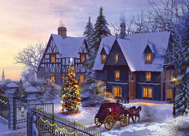 A picturesque winter scene featuring a cozy, snow-covered cottage with warm yellow lights in the windows. In front, there is a beautifully decorated Christmas tree surrounded by snow. A horse-drawn carriage is parked along a snowy pathway, adding to the festive charm. Leafless trees and evergreens frame the scene under a pastel sky at dusk, evoking a nostalgic holiday atmosphere.