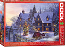 A beautifully illustrated jigsaw puzzle box featuring a winter scene titled 'Home for the Holidays' by Dominic Davison. The image depicts a picturesque snow-covered house adorned with holiday lights and surrounded by tall evergreen trees. In the foreground, a festive Christmas tree shines brightly next to a wrought iron gate, while a horse-drawn carriage adds to the charming holiday atmosphere. This 1000-piece puzzle is perfect for family gatherings during the festive season.