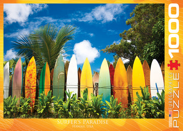 Surfer's Paradise jigsaw puzzle features a vibrant scene of colorful surfboards lined against a tropical backdrop of greenery and blue skies, highlighting the essence of Hawaii. Ideal for puzzle enthusiasts and beach lovers, this 1000-piece puzzle by Eurographics captures the spirit of surfing culture.