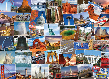 A colorful jigsaw puzzle featuring a collage of iconic American landmarks and attractions, including the Statue of Liberty, Golden Gate Bridge, Mount Rushmore, Las Vegas skyline, and various state signs. The puzzle captures the beauty and diversity of the USA through vibrant images, perfect for travel enthusiasts and puzzle lovers alike.