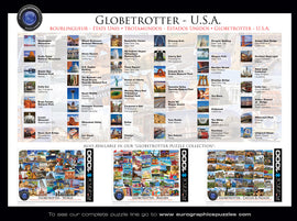 USA - Globetrotter jigsaw puzzle by Eurographics showcasing iconic landmarks across the United States. Features 1000 pieces, including images of the Statue of Liberty, Grand Canyon, and Mount Rushmore. Colorful and vibrant design appeals to puzzle lovers and travel enthusiasts alike.