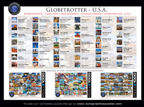 USA - Globetrotter jigsaw puzzle by Eurographics showcasing iconic landmarks across the United States. Features 1000 pieces, including images of the Statue of Liberty, Grand Canyon, and Mount Rushmore. Colorful and vibrant design appeals to puzzle lovers and travel enthusiasts alike.
