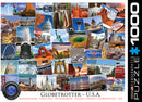Eurographics USA Globetrotter jigsaw puzzle featuring a collage of iconic American landmarks and sights, including the Statue of Liberty, Golden Gate Bridge, and Yellowstone. The puzzle has 1000 pieces, showcasing vibrant images of travel destinations across the United States.
