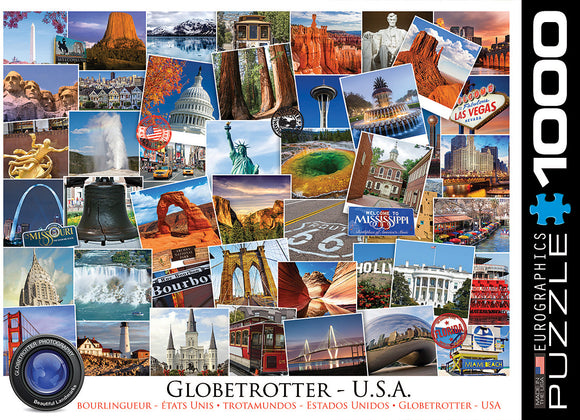 Eurographics USA Globetrotter jigsaw puzzle featuring a collage of iconic American landmarks and sights, including the Statue of Liberty, Golden Gate Bridge, and Yellowstone. The puzzle has 1000 pieces, showcasing vibrant images of travel destinations across the United States.