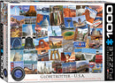 Eurographics USA - Globetrotter jigsaw puzzle box showcasing a vibrant collage of iconic American landmarks and scenic views. Features images of the Statue of Liberty, the Golden Gate Bridge, Mount Rushmore, and various landscapes capturing the essence of the USA. Contains 1000 pieces for puzzling enthusiasts.