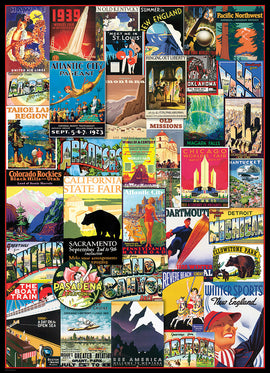 Colorful collage of vintage travel posters from different U.S. destinations, including iconic landmarks and attractions like Niagara Falls, California State Fair, and Chicago Worlds Fair. Each poster features vibrant illustrations and historical references, evoking a sense of nostalgia for classic American travel and adventure.