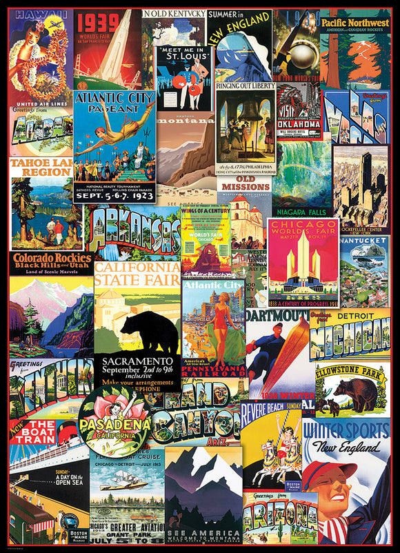 Colorful collage of vintage travel posters from different U.S. destinations, including iconic landmarks and attractions like Niagara Falls, California State Fair, and Chicago Worlds Fair. Each poster features vibrant illustrations and historical references, evoking a sense of nostalgia for classic American travel and adventure.