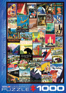 Eurographics Travel USA Vintage Posters jigsaw puzzle featuring a collage of colorful retro travel posters from various U.S. destinations, including Hawaii, Atlantic City, and Yellowstone. The puzzle consists of 1000 pieces and showcases vibrant illustrations and typography that celebrate American travel culture.