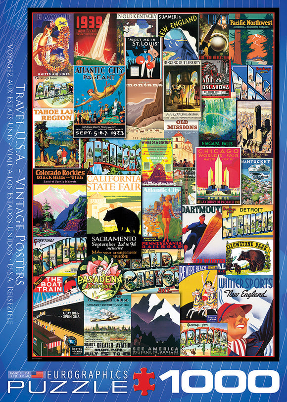 Eurographics Travel USA Vintage Posters jigsaw puzzle featuring a collage of colorful retro travel posters from various U.S. destinations, including Hawaii, Atlantic City, and Yellowstone. The puzzle consists of 1000 pieces and showcases vibrant illustrations and typography that celebrate American travel culture.