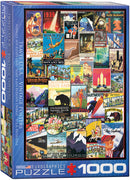 Travel USA Vintage Posters jigsaw puzzle featuring 1000 pieces. The box showcases a collage of colorful vintage travel advertisements from various U.S. locations, including iconic states and famous landmarks. The vibrant illustrations highlight the charm of each destination, making it an enjoyable and nostalgic puzzle experience for travel enthusiasts.