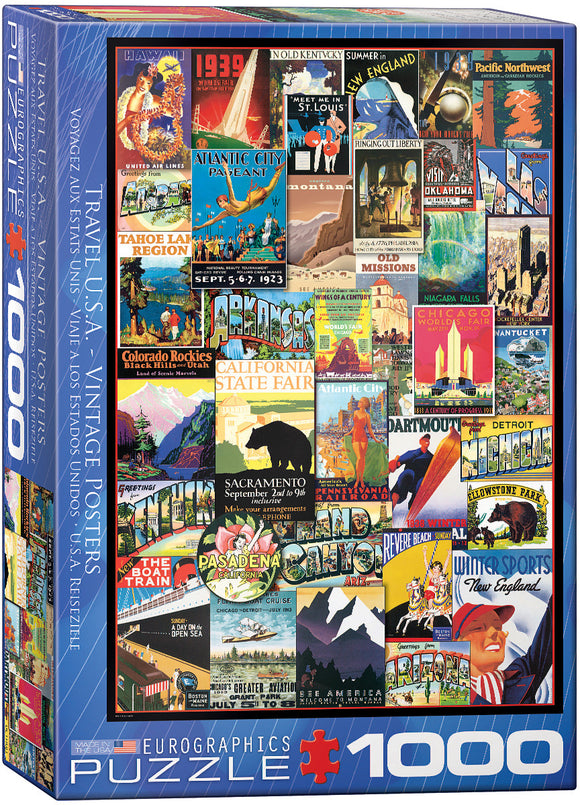 Travel USA Vintage Posters jigsaw puzzle featuring 1000 pieces. The box showcases a collage of colorful vintage travel advertisements from various U.S. locations, including iconic states and famous landmarks. The vibrant illustrations highlight the charm of each destination, making it an enjoyable and nostalgic puzzle experience for travel enthusiasts.