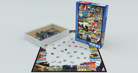 Travel USA Vintage Posters jigsaw puzzle by Eurographics showing various iconic vintage travel posters. Pieces are scattered around, with the puzzle partially assembled. The box features vibrant artwork and the puzzle is designed for ages 14 and up, containing 1000 pieces for an engaging indoor activity.