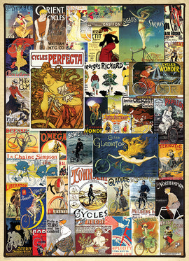 A vibrant collection of vintage bicycle posters featuring colorful designs and illustrations from various eras. The jigsaw puzzle showcases iconic advertisements for bicycles, artists, and styles, inviting enthusiasts to piece together a nostalgic look at cycling history.